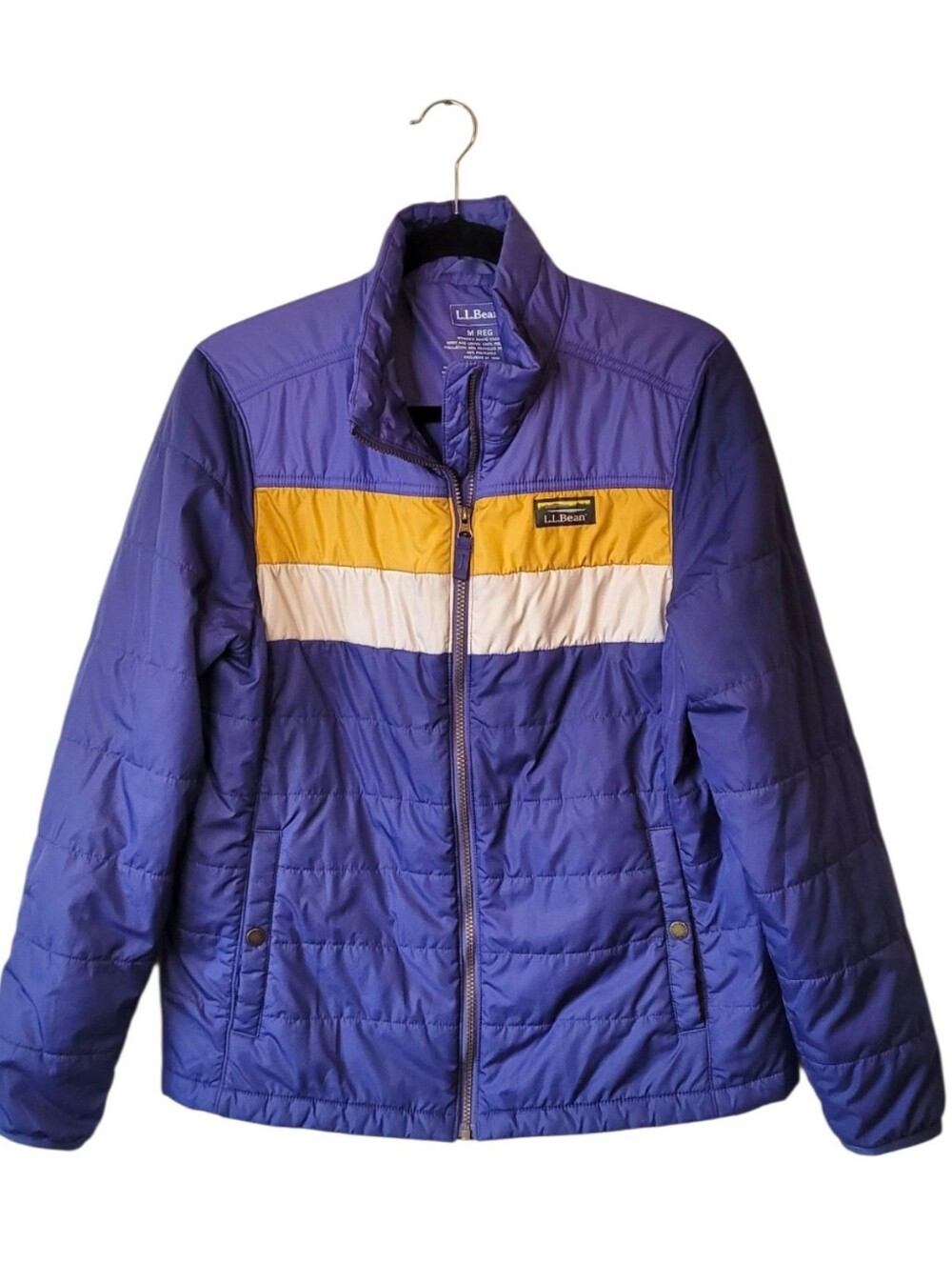L.L. Bean Women's Purple Puffer Jacket with Yellow & Cream Chest Stripes Size M